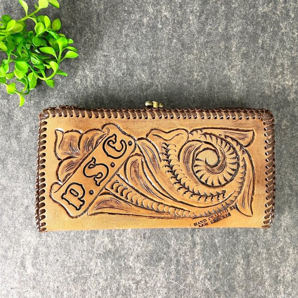 Vintage Handbags - Tooled leather embossed clutch/wallet - handmade vintage